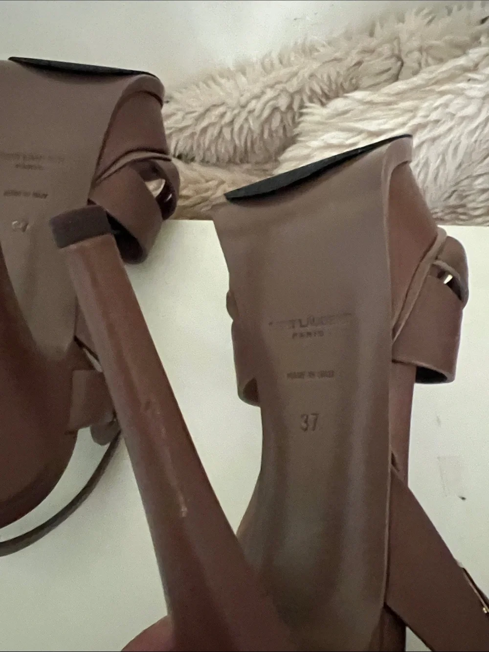 Yves Saint Laurent Brown Leather Knotted Platform Heels with Gold Logo - Picture 7 of 8